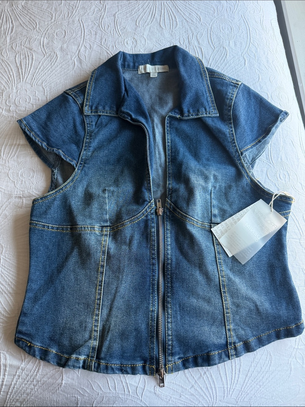 Zip-Front Sleeveless Denim Bodysuit in Blue